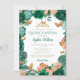 Smaragdgrüne Rosen Gold Schmetterlinge Quinceañera Einladung
