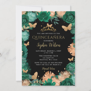 Smaragdgrüne Rosen Gold Schmetterlinge Quinceañera Einladung