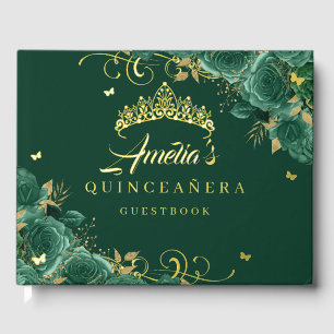 Smaragdgrüne Rosenblumen-Quinceanera Gold   Gästebuch