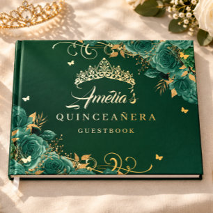 Smaragdgrüne Rosenblumen-Quinceanera Gold Gästebuch