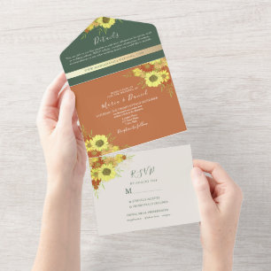 Smaragdgrüne rustikale Sonnenblumen-Hochzeit All In One Einladung