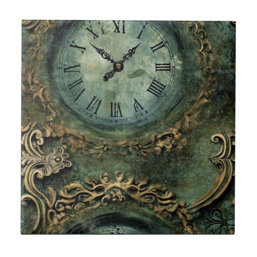 Smaragdgrüne Rustikale Steampunk-Uhr Fliese (Vorderseite)