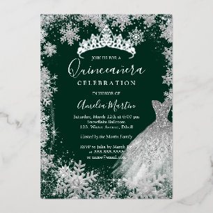 Smaragdgrüne Schneeblume Winter Quinceanera Folieneinladung