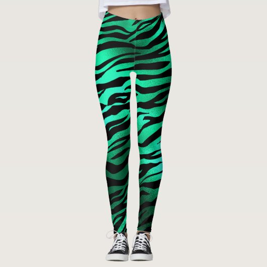 Smaragdgrüne schwarze Tiger Streifen Wildtiere Leggings (Vorderseite)