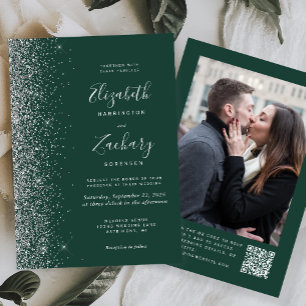 Smaragdgrüne Silber-Glitter-Foto-QR-Code-Hochzeit Einladung
