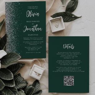 Smaragdgrüne Silber-Glitter-QR-Code-Hochzeit Einladung