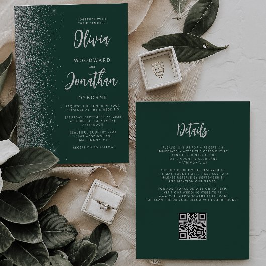 Smaragdgrüne Silber-Glitter-QR-Code-Hochzeit Einladung