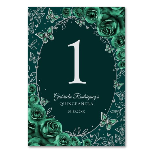 Smaragdgrüne Silber-Quinceanera Tischnummer (Vorderseite)