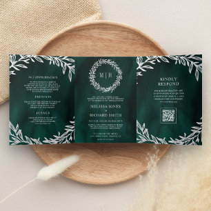 Smaragdgrüne Silberblatt-Zweig QR-Code Hochzeit Dreifach Gefaltete Einladung