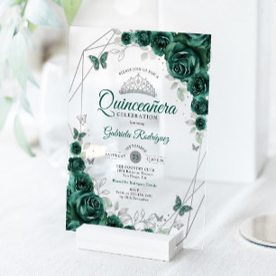 Smaragdgrüne silberne Blumen-Quinceanera Acryleinladungen