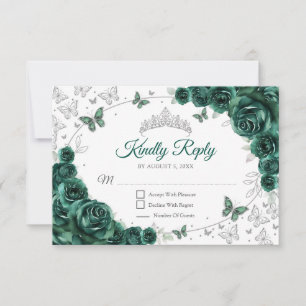Smaragdgrüne silberne Blumen-Quinceanera-Antwort RSVP Karte