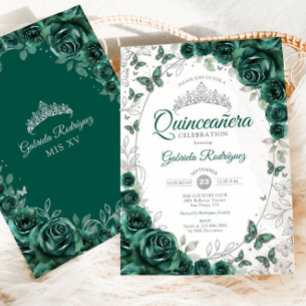 Smaragdgrüne silberne Blumen-Quinceanera Einladung