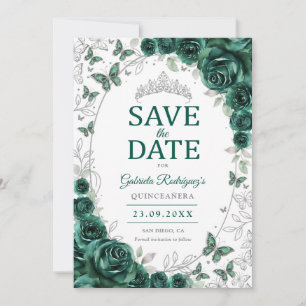 Smaragdgrüne silberne Blumen-Quinceanera Save The Date
