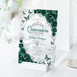 Smaragdgrüne silberne florale Quinceanera Acryleinladungen