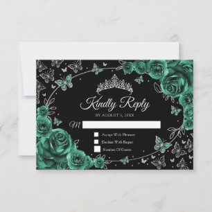Smaragdgrüne silberne Quinceanera-Antwort RSVP Karte