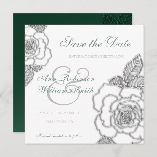 Smaragdgrüne silberne Rose rustikale Hochzeit Save The Date (Vorne/Hinten)