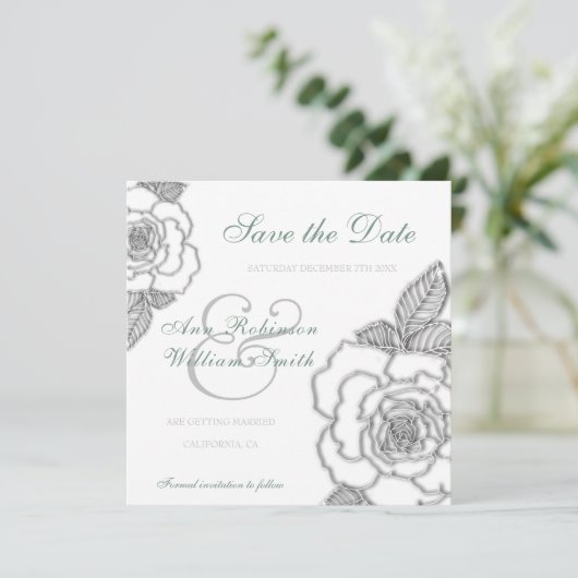 Smaragdgrüne silberne Rose rustikale Hochzeit Save The Date (Stehend Vorderseite)