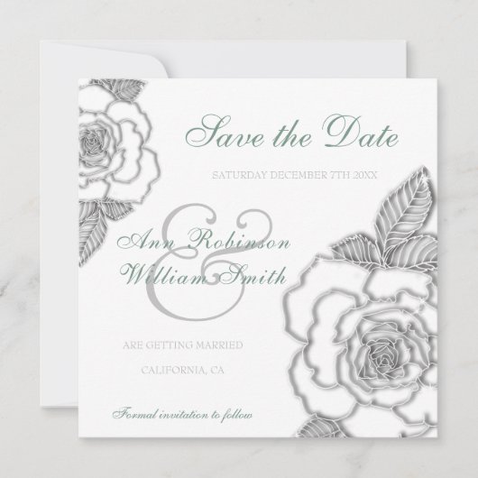 Smaragdgrüne silberne Rose rustikale Hochzeit Save The Date (Vorderseite)