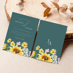 Smaragdgrüne Sonnenblumen-Monogramm-Blumenhochzeit Einladung