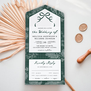 Smaragdgrüne Spitzen-Coquette-Bow-Hochzeit All In One Einladung