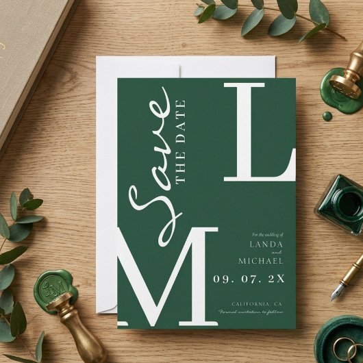 Smaragdgrüne stilvolle Monogramm-Hochzeit Save The Date