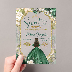 Smaragdgrüne Sweet 16 Quinceañera Glitter Floral Acryleinladungen