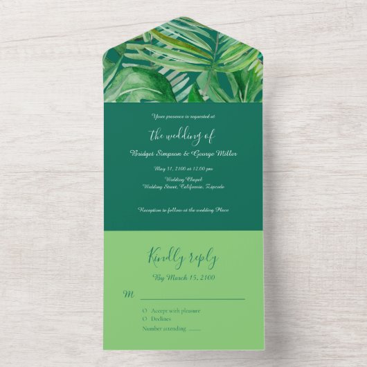Smaragdgrüne tropische Hochzeit All In One Einladung (Innen Boden)