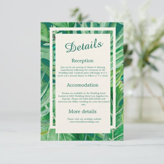 Smaragdgrüne tropische Hochzeit Begleitkarte (Stehend Vorderseite)