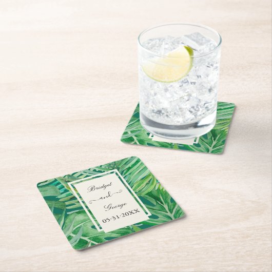 Smaragdgrüne tropische Hochzeit Rechteckiger Pappuntersetzer (Vor Ort)