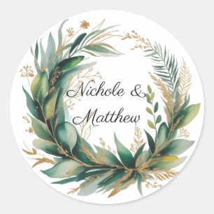 Smaragdgrüne und goldene Blumenrahmen-Hochzeit Runder Aufkleber