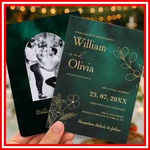 Smaragdgrüne und goldene botanische Foto-Hochzeit Einladung
