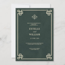 Smaragdgrüne und goldene elegante Hochzeitseinladu