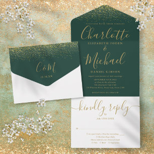 Smaragdgrüne und goldene Glitter-Schrift Hochzeit All In One Einladung