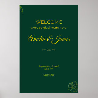 Smaragdgrüne und goldene Hochzeits-Willkommensschi Poster