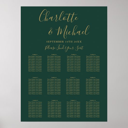 Smaragdgrüne und goldene Hochzeitstabelle Poster (Vorne)