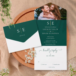 Smaragdgrüne und goldene Monogramm-Foto-Hochzeit All In One Einladung