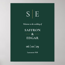 Smaragdgrüne und goldene Monogramm-Hochzeits-Willk Poster