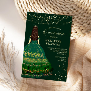 Smaragdgrüne und goldene Prinzessin Quinceañera Einladung