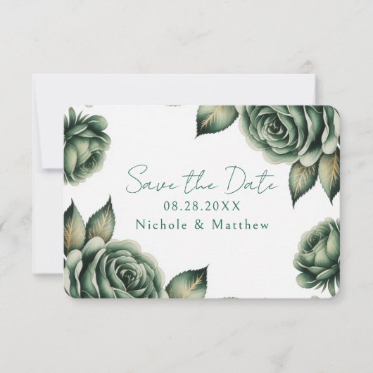 Smaragdgrüne und goldene Rosenhochzeit Save The Date (Vorderseite)