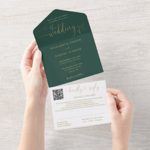 Smaragdgrüne und goldene Schrift QR-Code-Hochzeit All In One Einladung