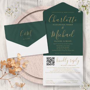 Smaragdgrüne und goldene Schrift QR-Code-Hochzeit All In One Einladung