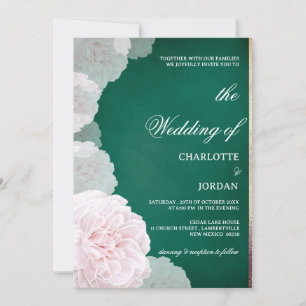 Smaragdgrüne und rosafarbene Pfingstrosen-Hochzeit Einladung