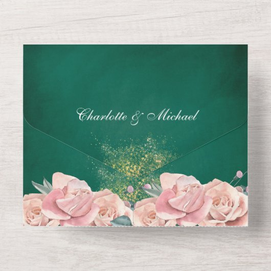 Smaragdgrüne und rot-rosa Blumenhochzeit All In One Einladung (Rückseite)