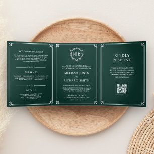 Smaragdgrüne und weiße Monogramm-QR-Code-Hochzeit Dreifach Gefaltete Einladung