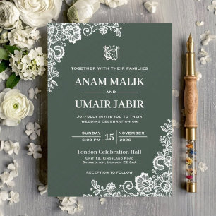 Smaragdgrüne Vintage-Spitze-Nikkah-Muslim-Hochzeit Einladung