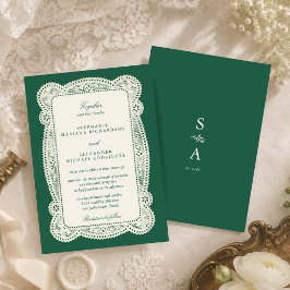 Smaragdgrüne Vintage-Spitze Old Money Hochzeit Einladung