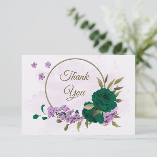 smaragdgrüne violette Blumen botanische Hochzeit Dankeskarte (Stehend Vorderseite)