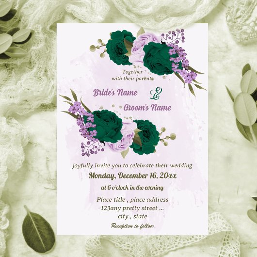 smaragdgrüne violette Blumen botanische Hochzeit Einladung