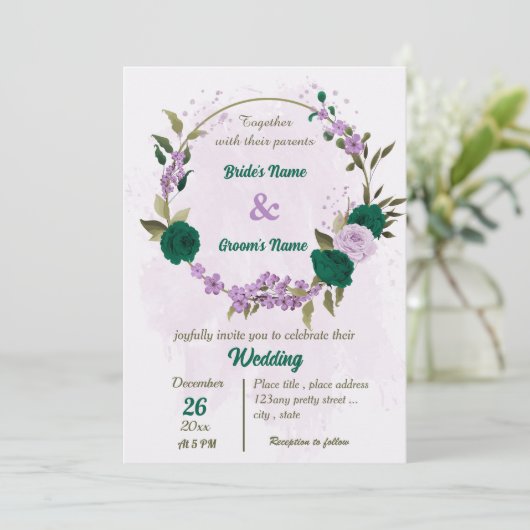 smaragdgrüne violette Blumen botanische Hochzeit Einladung (Stehend Vorderseite)