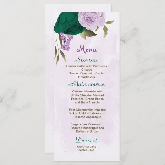 smaragdgrüne violette Blumen botanische Hochzeit Menükarte (Vorne/Hinten)